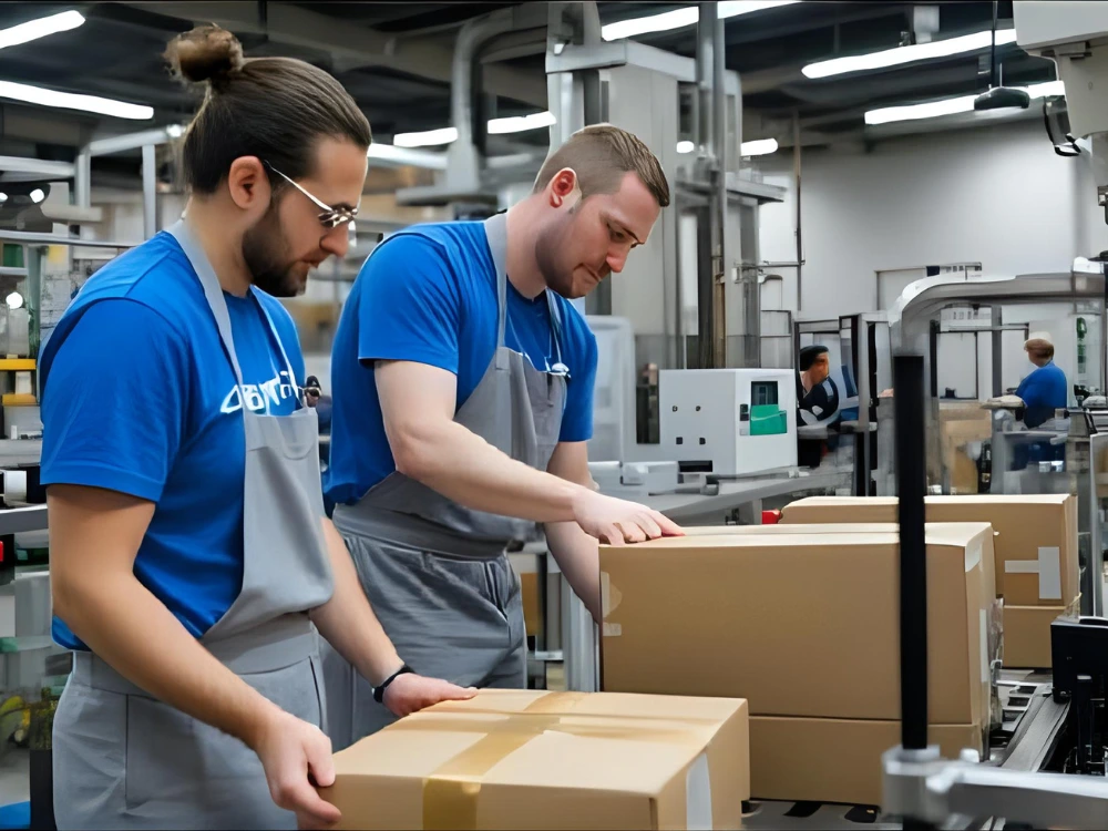 Técnicos trabalhando em linha de embalagem automatizada, representando colaboração e aumento da produtividade industrial