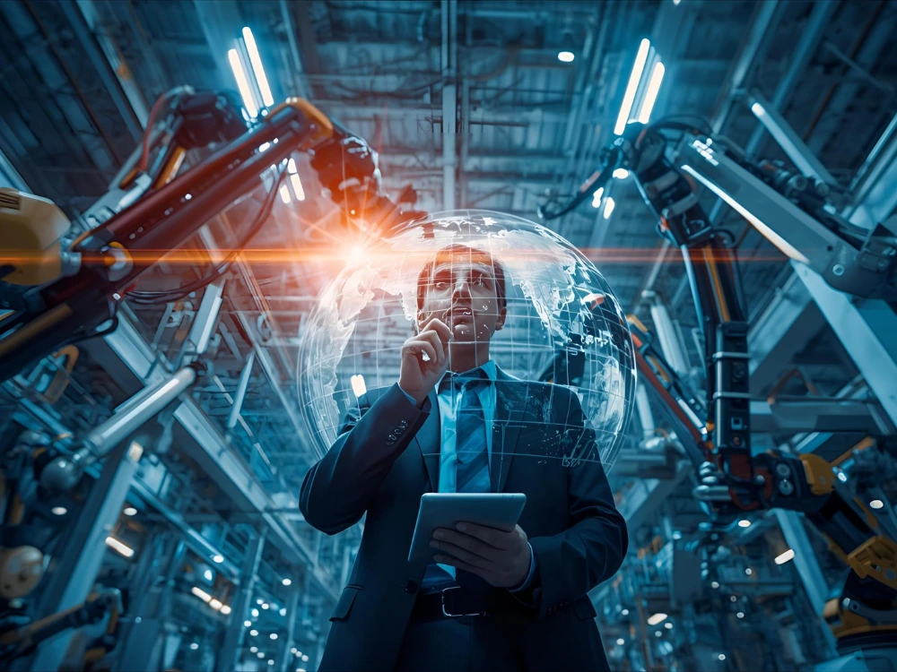Profissional utilizando tablet em ambiente industrial, simbolizando o uso da tecnologia como ferramenta de inovação e gestão