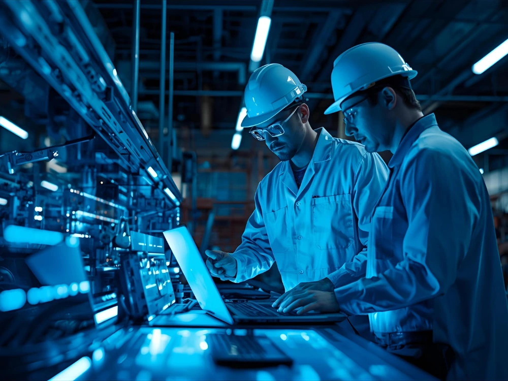 Engenheiros industriais discutindo soluções tecnológicas em ambiente moderno, simbolizando colaboração e inovação