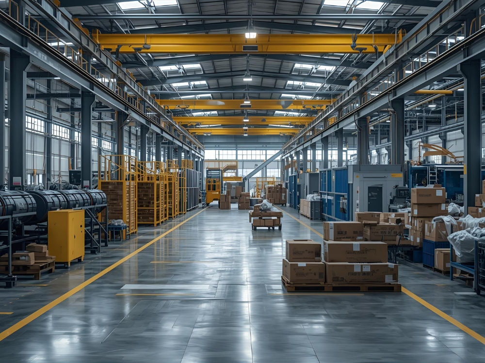 Vista interna de fábrica organizada e limpa, representando práticas de sustentabilidade e eficiência no ambiente industrial
