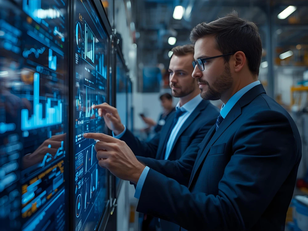 Profissionais analisando dados em uma fábrica tecnológica, representando o futuro da indústria impulsionado pela inovação