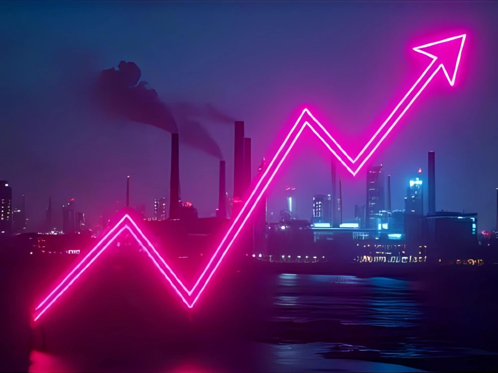 Gráfico em formato de seta ascendente sobre uma cidade industrial, simbolizando as variações da inflação e seu impacto na indústria