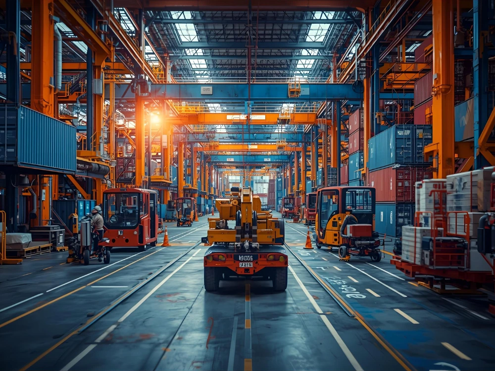 Interior de fábrica com containers e logística, representando o impacto das variações cambiais na indústria brasileira