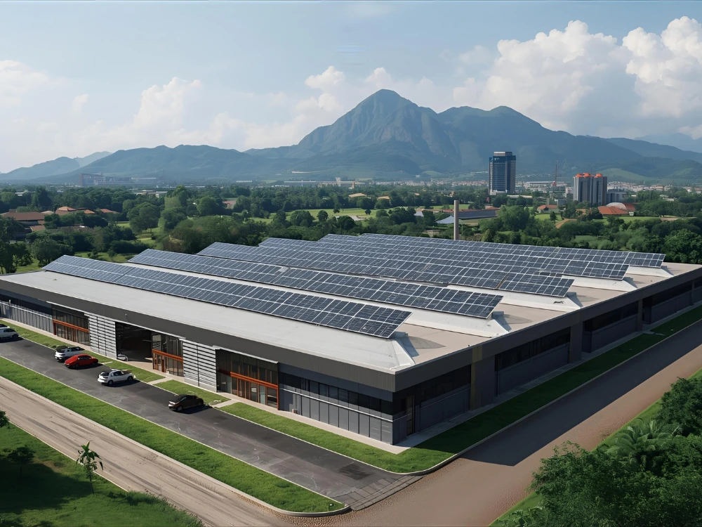 Indústria brasileira com painéis solares e materiais recicláveis, representando práticas sustentáveis no setor produtivo
