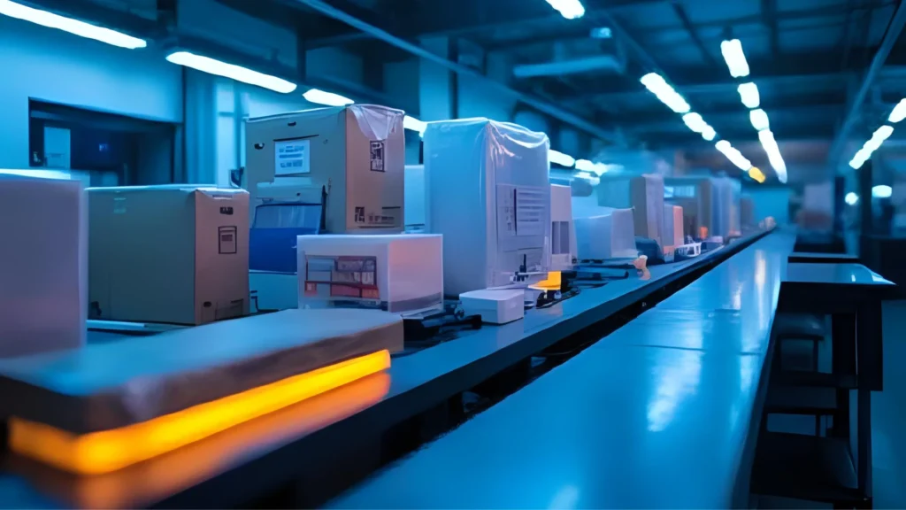 Linha de produção automatizada representando o cenário de estabilidade econômica e queda da inflação em 2025