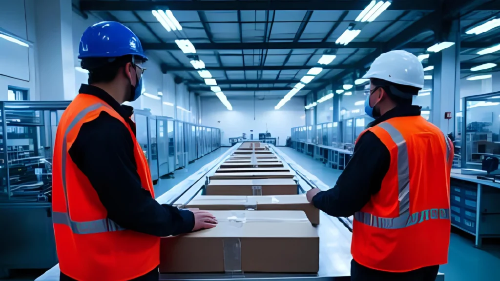 Operadores em linha de produção aplicando segurança em máquinas conforme NR12 na prática.