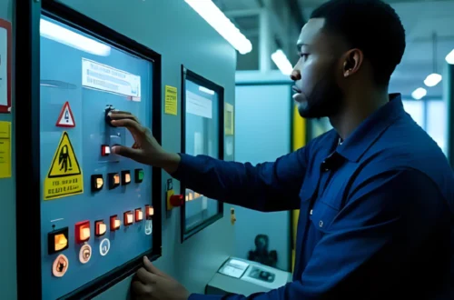 Técnico operando painel elétrico de máquina industrial seguindo as normas da NR12 na prática