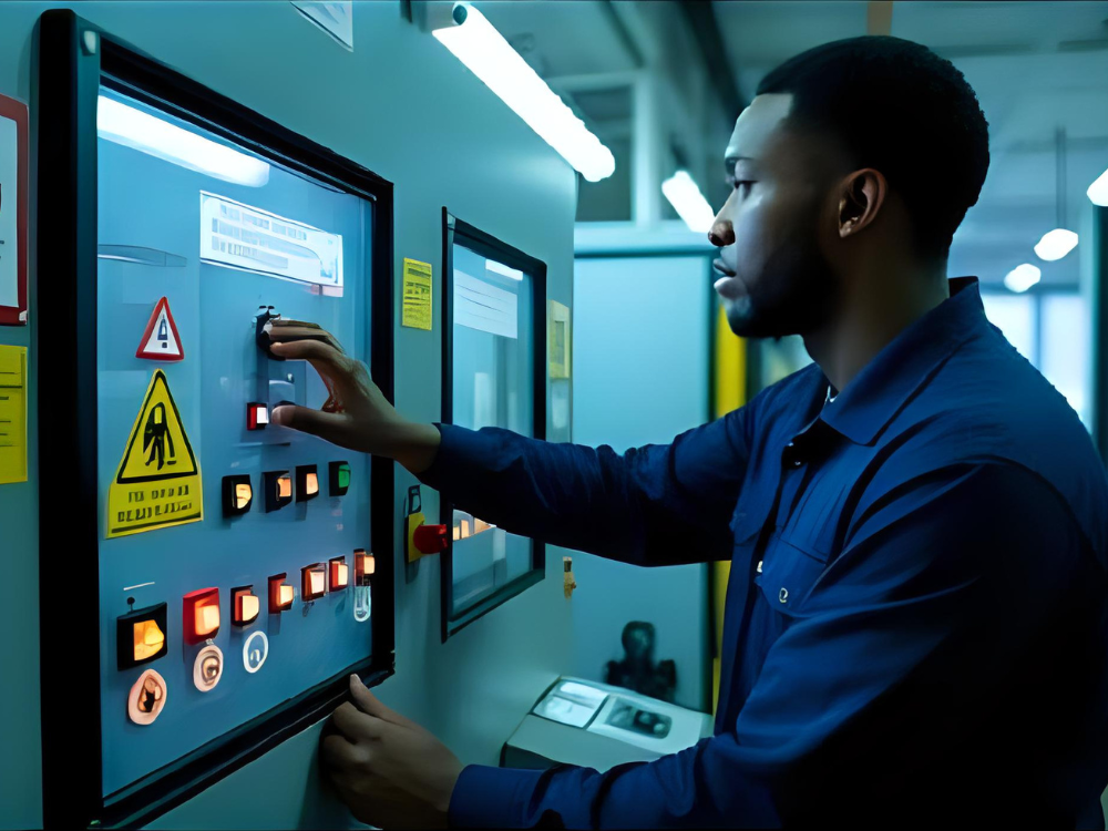 Técnico operando painel elétrico de máquina industrial seguindo as normas da NR12 na prática