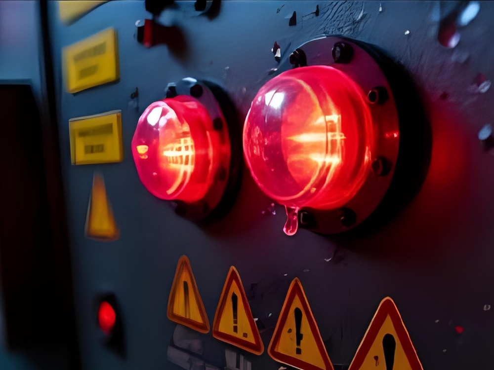 Painel elétrico industrial com sinais de umidade durante período de alerta laranja e chuva intensa