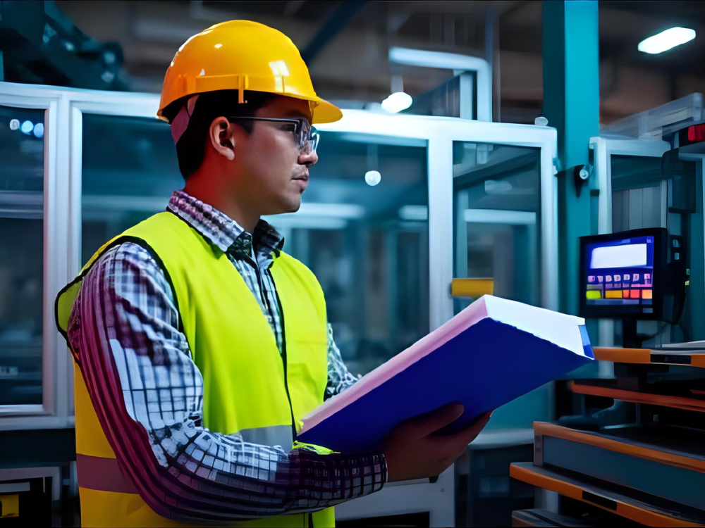 Engenheiro analisando documentação técnica sobre segurança no trabalho conforme NR12 na prática