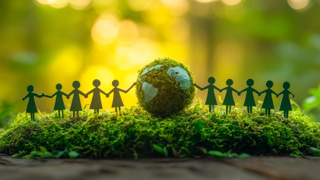 Representação do planeta coberto por vegetação e pessoas unidas, simbolizando a cooperação global pela sustentabilidade ambiental