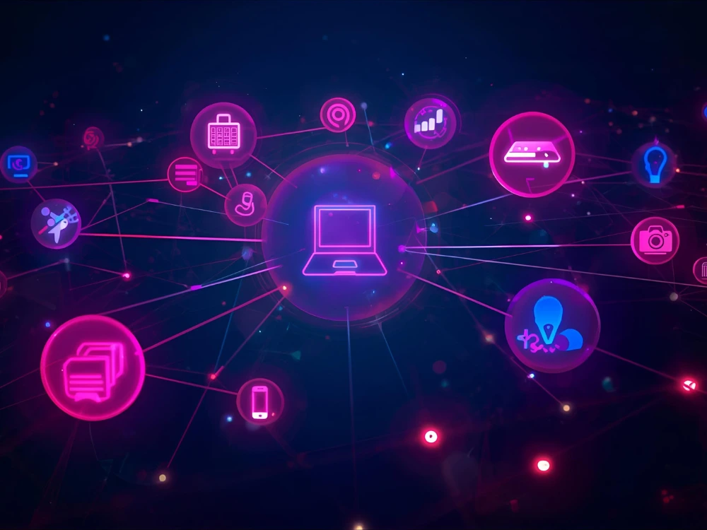 Ícones de diferentes tipos de tecnologia conectados por rede digital, representando inovação e integração tecnológica na indústria